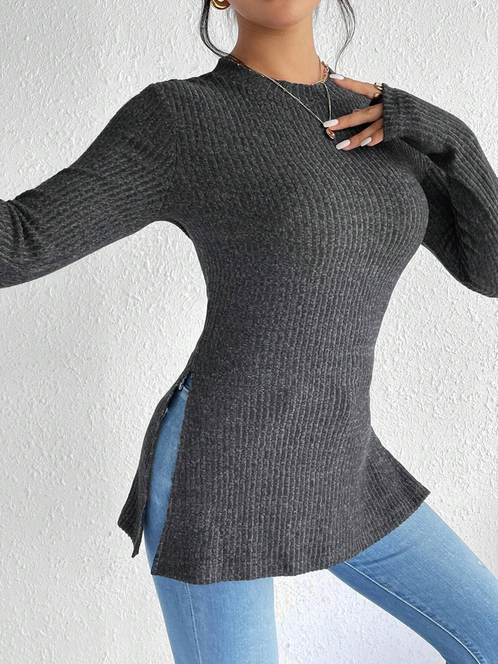 Women's Ribbed Tailored Fine Knit Sweater with Stand-up Collar, Long Sleeves and Side Slits Mune Fashion