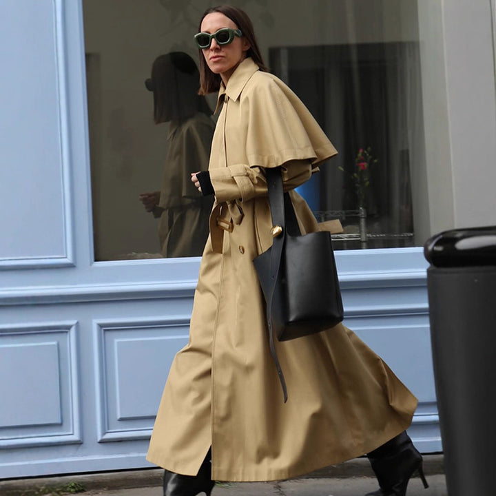 Ladies Long Trench Coat with Capelet, Waist Belt and Raglan Sleeves Mune Fashion