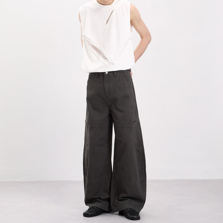 Men's Wide Twill Palazzo Cargo Pants with Drop Crotch, Knee Inserts, and Utility Pockets Mune Fashion