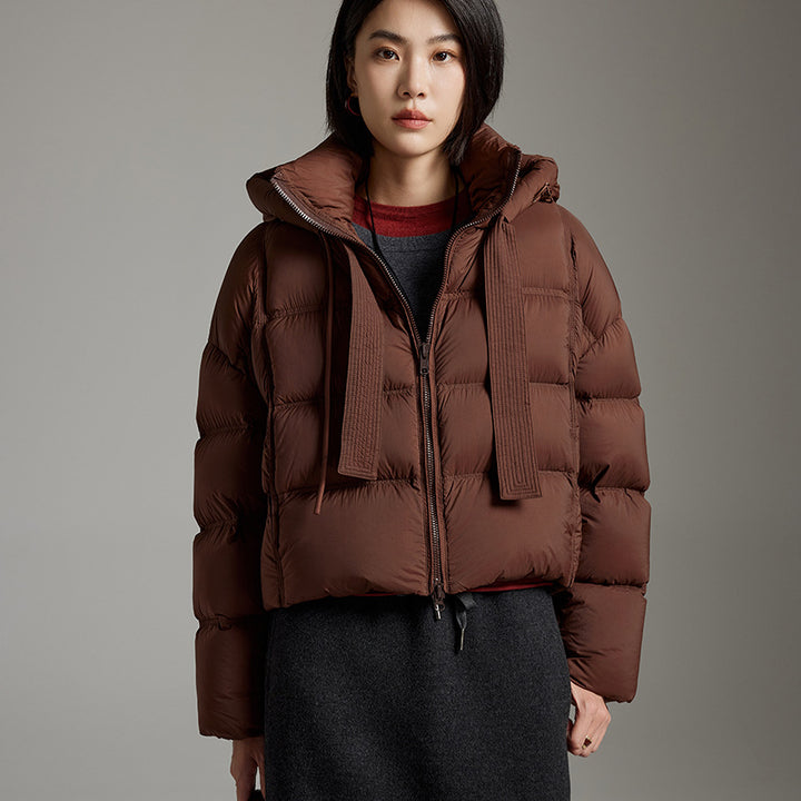 Women Short Cut Boxy Quilted Jacket with Voluminous Hood and Drawstring Mune Fashion