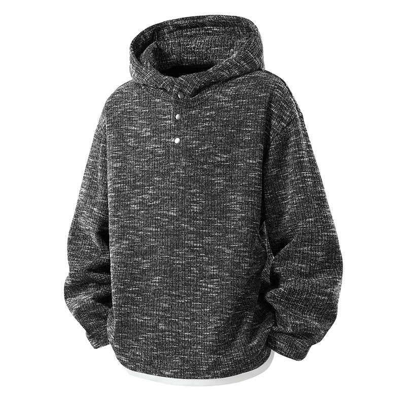 Men's Oversize Knit Hoodie with Snap Button Placket and Melanged Structure Mune Fashion