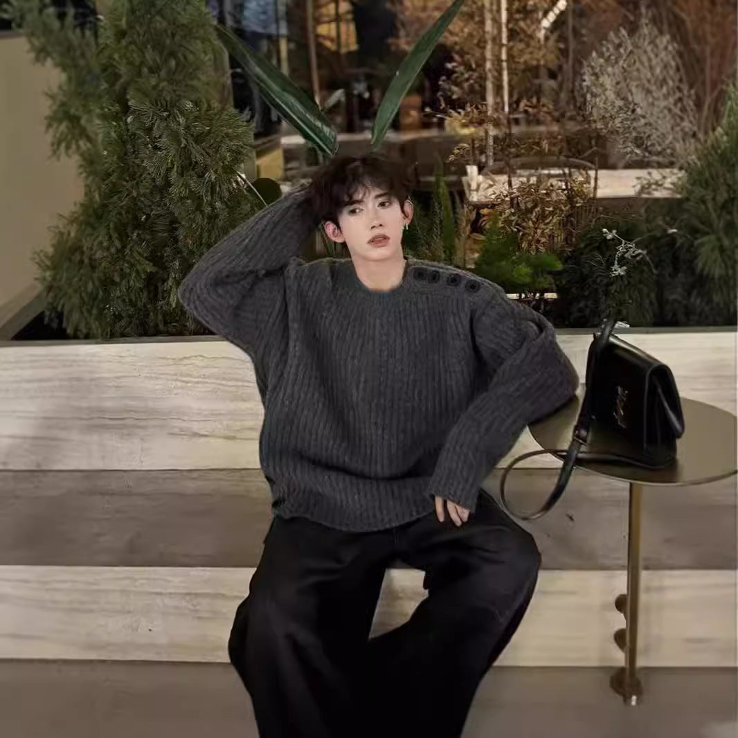 Men's Chunky Knit Oversized Sweater with Round Neckline and Shoulder Button Placket Mune Fashion