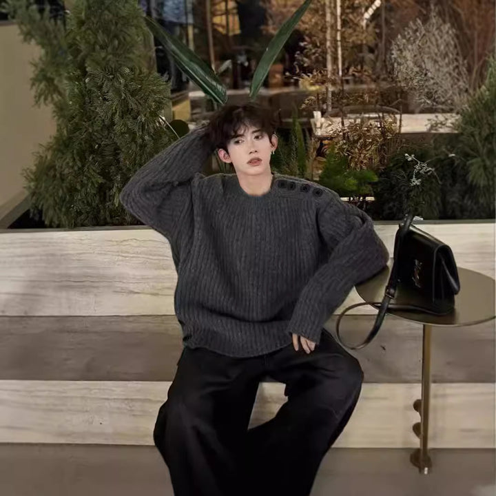 Men's Chunky Knit Oversized Sweater with Round Neckline and Shoulder Button Placket Mune Fashion