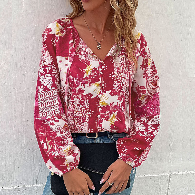 Women's Light Boho Blouse with Patchwork Print, Tied Slit and Balloon Sleeves Mune Fashion