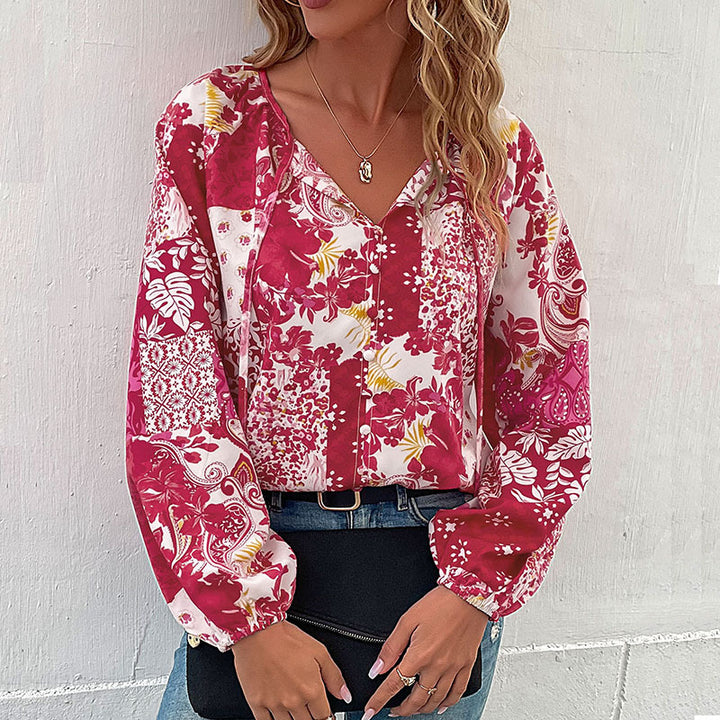 Women's Light Boho Blouse with Patchwork Print, Tied Slit and Balloon Sleeves Mune Fashion