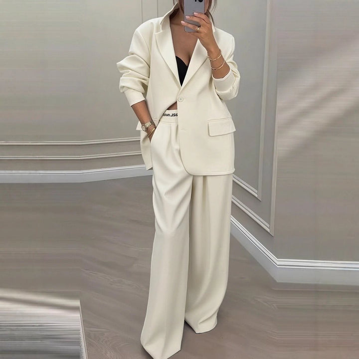 Women Oversized Blazer with Contrast Trim and High-Waist Palazzo Pants Two-Piece Set Mune Fashion