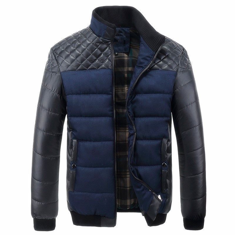 Men's Padded Quilted Bomber Jacket with Faux Leather Shoulder Insets, Stand Collar and Checkered Lining Mune Fashion