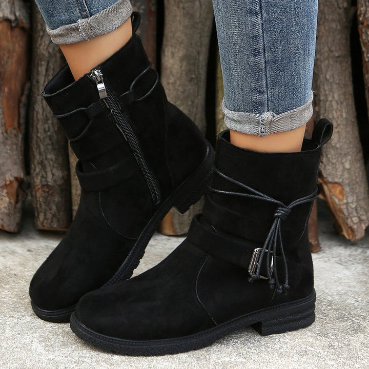 Ladies ankle-high suede-look ankle boots with leopard print pleat, side zipper and decorative buckle Mune Fashion