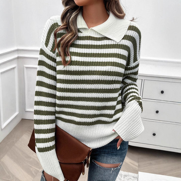 Ladies knitted striped polo collar sweater with wide hem and flared cuffs Mune Fashion