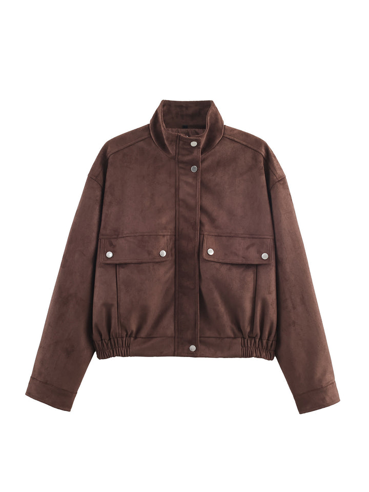 Women's Short Bomber Jacket in Velvet Look with Stand Collar and Flap Pockets Mune Fashion