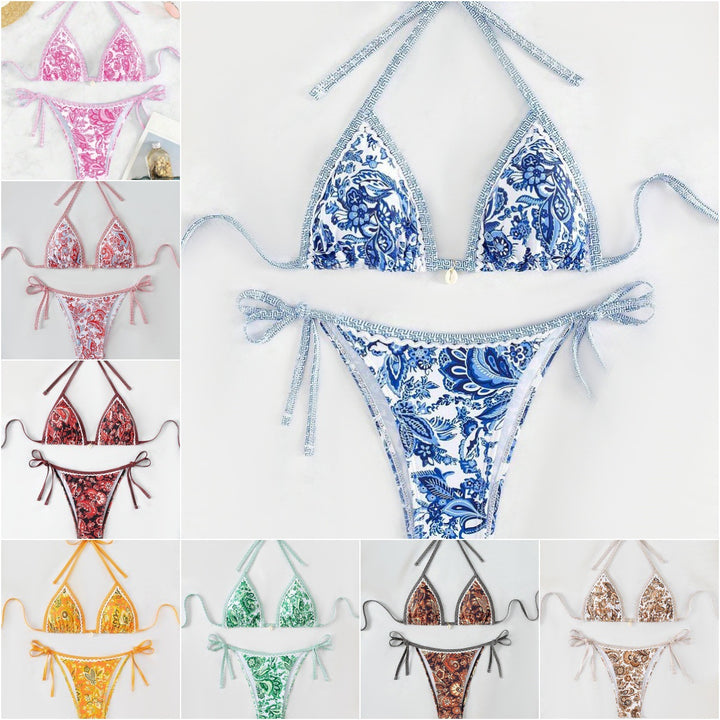 Women's triangle bikini set with adjustable tie straps and floral design Mune Fashion