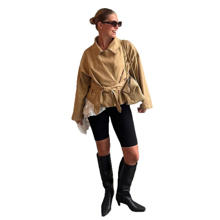 Women's Short Tailored Canvas Jacket with Tied Belt and Dropped Shoulders Mune Fashion