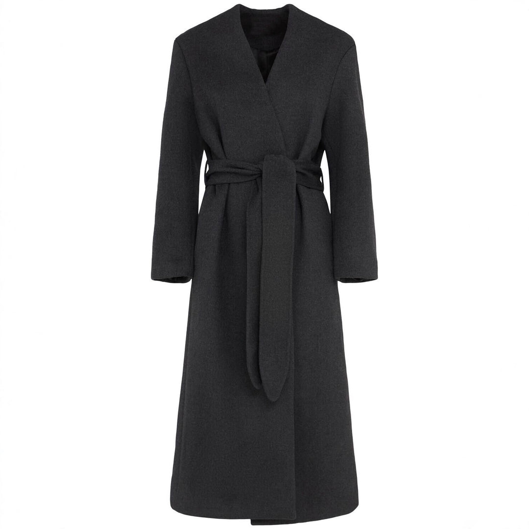 Women's Long Wool Coat with Tie Belt and V-Neck Mune Fashion