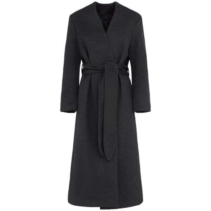 Women's Long Wool Coat with Tie Belt and V-Neck Mune Fashion