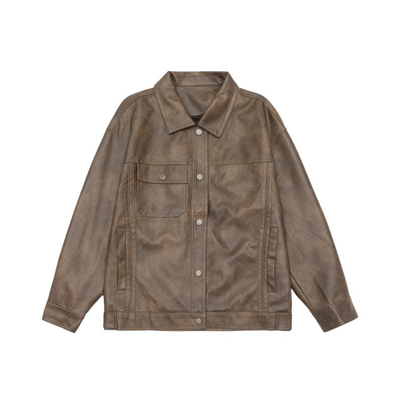 Men's loosely cut overshirt in vintage leather look with snap button front and breast flap Mune Fashion