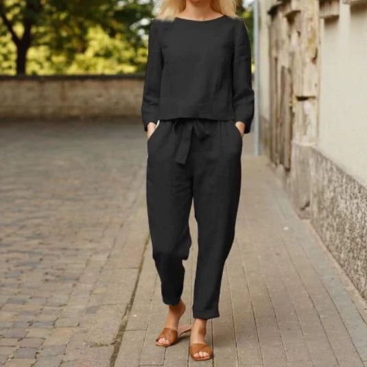 Women Casual Set of Long Sleeve Top and Elastic Pants Mune Fashion