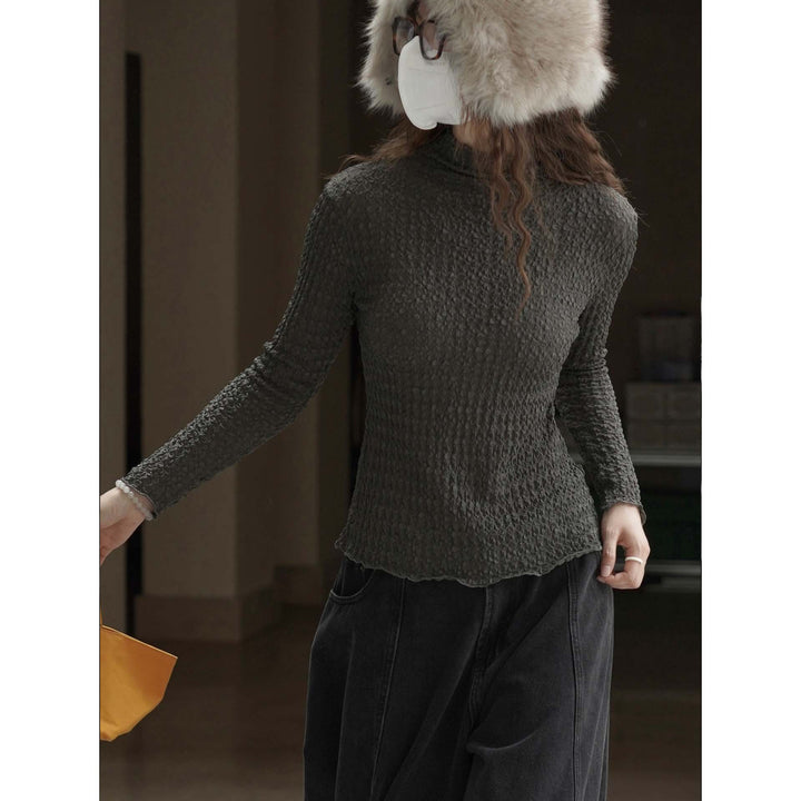 Women's Fitted Crinkle Long Sleeve with Stand Collar and Textured Surface Mune Fashion