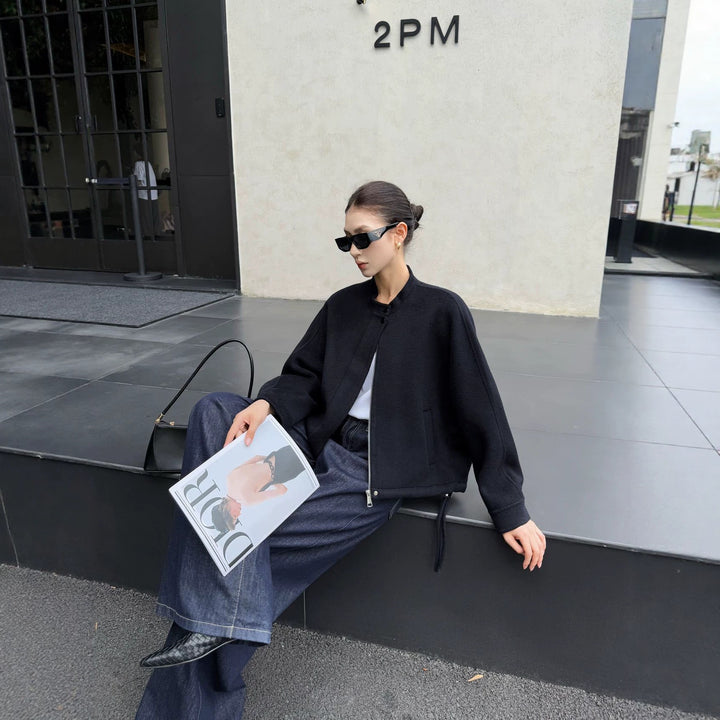Women's short cut minimalist bomber jacket with stand-up collar Mune Fashion