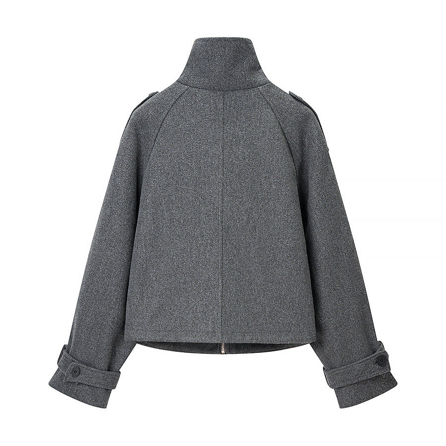 Women's short cut wool blend cropped jacket with stand-up collar, epaulettes, and adjustable sleeve straps Mune Fashion