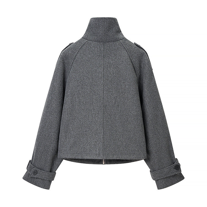 Women's short cut wool blend cropped jacket with stand-up collar, epaulettes, and adjustable sleeve straps Mune Fashion