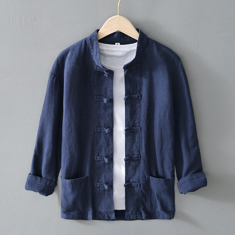 Men's lightweight linen jacket in traditional Chinese style with stand-up collar and knot closures Mune Fashion