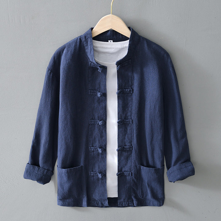 Men's lightweight linen jacket in traditional Chinese style with stand-up collar and knot closures Mune Fashion