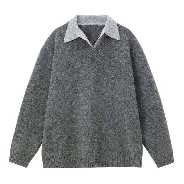 Unisex Oversize Wool Blend Knit Sweater with Contrasting Shirt Collar Mune Fashion