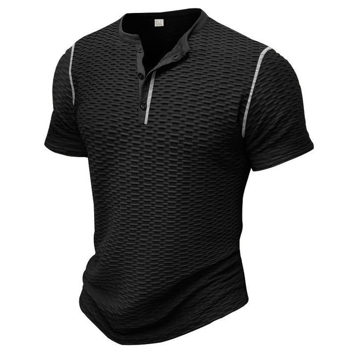 Men's structured short-sleeve henley with three-dimensional relief structure, reinforced button placket, and contrast piping Mune Fashion