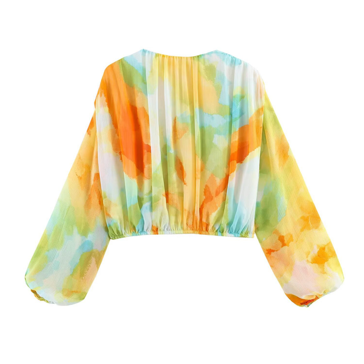 Women's Short Cut Pleated Chiffon Blouse with Drawstring and Wide Balloon Sleeves Mune Fashion