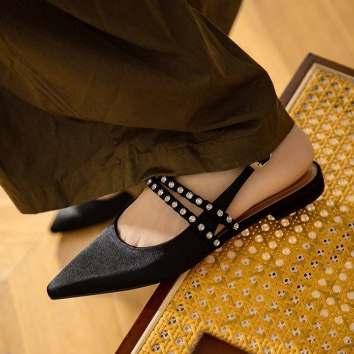 Women pointed satin slingbacks with double embellished rhinestone strap Mune Fashion