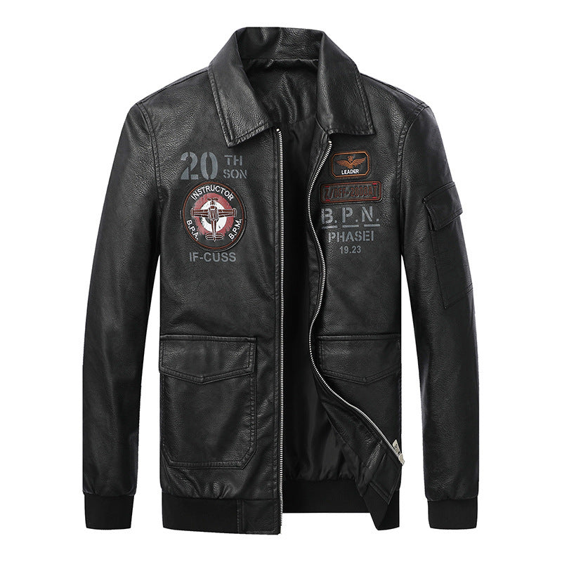 Men's pilot bomber jacket in aviator look made of synthetic leather with appliqués and ribbed cuffs Mune Fashion