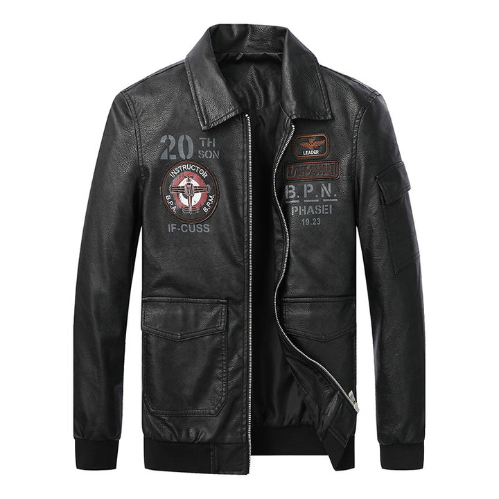 Men's pilot bomber jacket in aviator look made of synthetic leather with appliqués and ribbed cuffs Mune Fashion