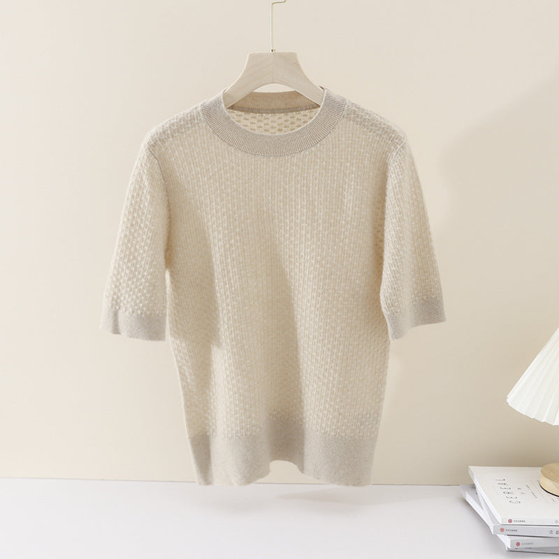 Women Short-Sleeve Fine Knit Shirt with Openwork Structure and Ribbed Hem Mune Fashion