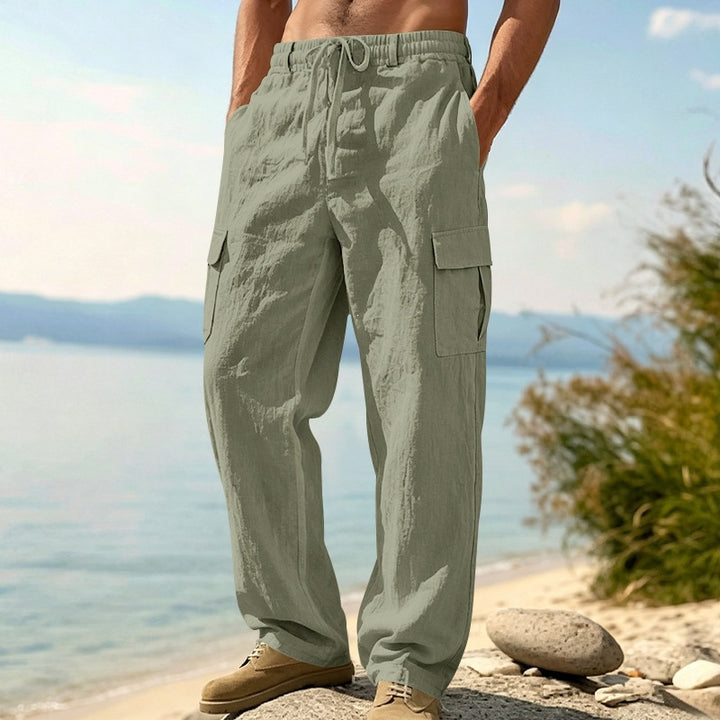 Men's relaxed-fit beach cargo pants made of linen blend with elastic drawstring and double flap pocket Mune Fashion