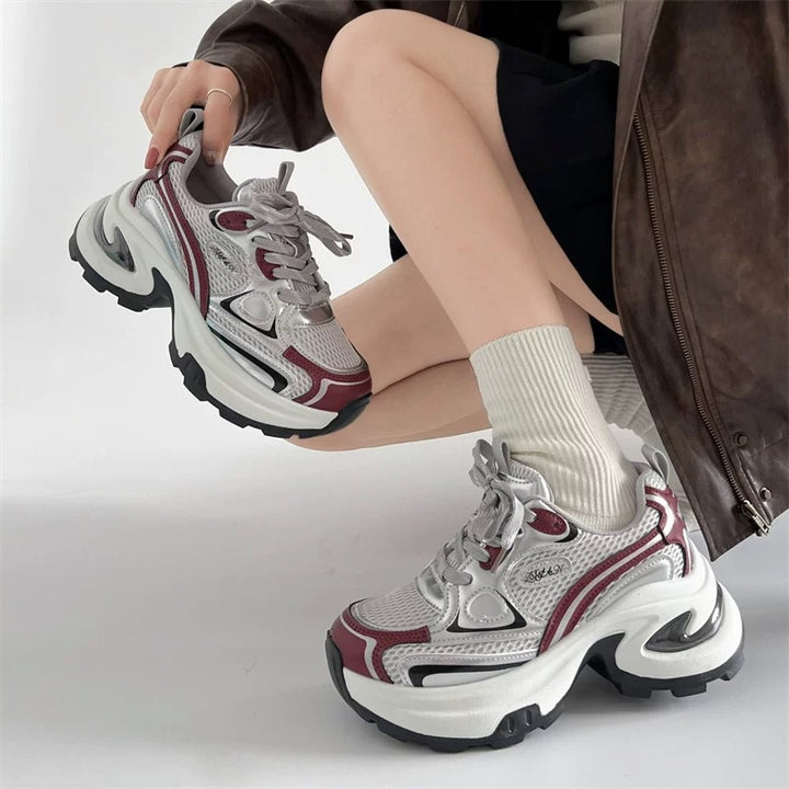 Ladies Sculptural Platform Sneakers with Multi-Layer Mesh and PU Mix Mune Fashion