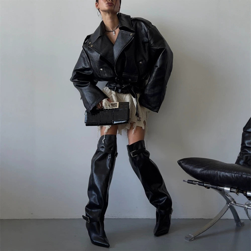 Women's Oversized Biker Jacket made of vegan leather imitation with waist belt & epaulettes Mune Fashion