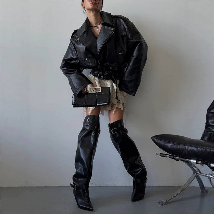 Women's Oversized Biker Jacket made of vegan leather imitation with waist belt & epaulettes Mune Fashion