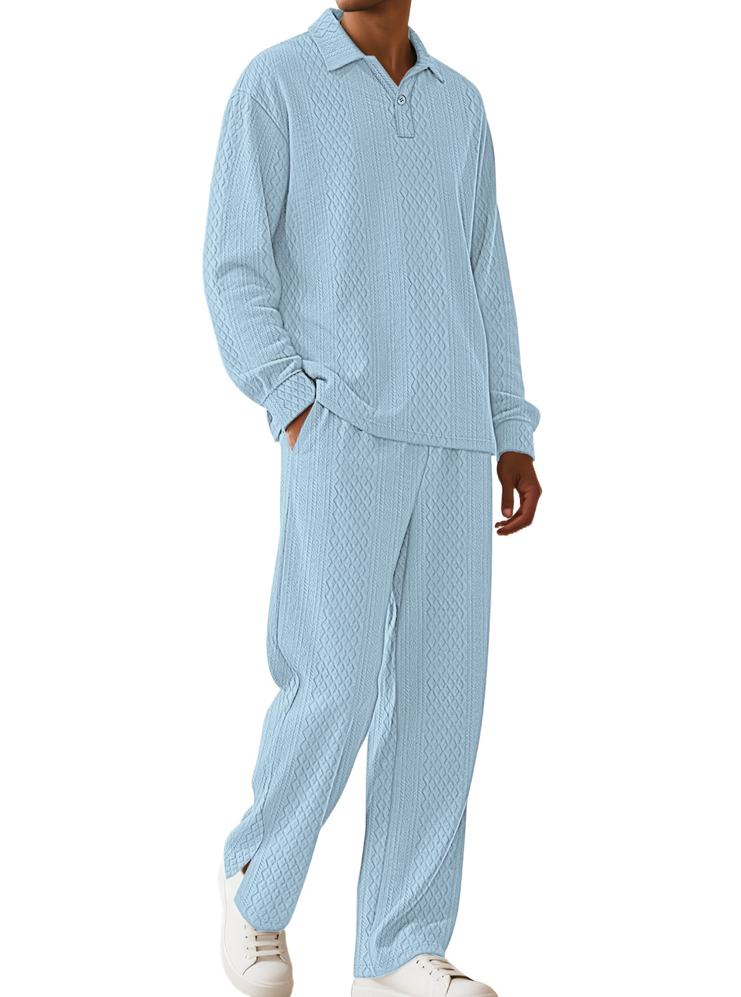 Men's jacquard knit set with polo collar, relaxed fit and straight pants Mune Fashion