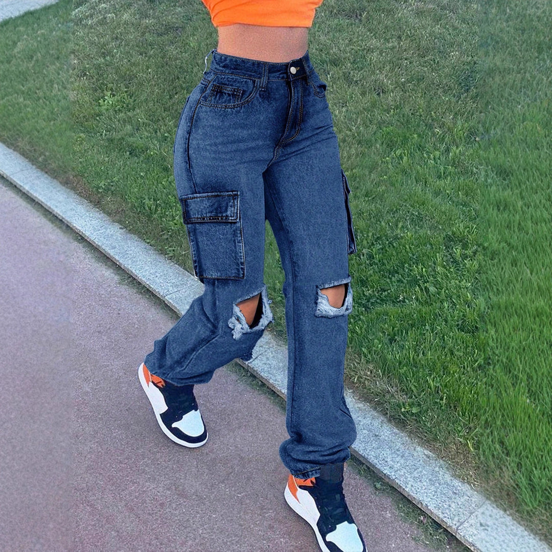 Ladies High-Waist Cargo Jeans with straight leg, knee rips and side flap pocket Mune Fashion
