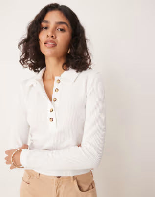 Women's Ribbed Long Sleeve Polo Top with Decorative Button Placket Drune