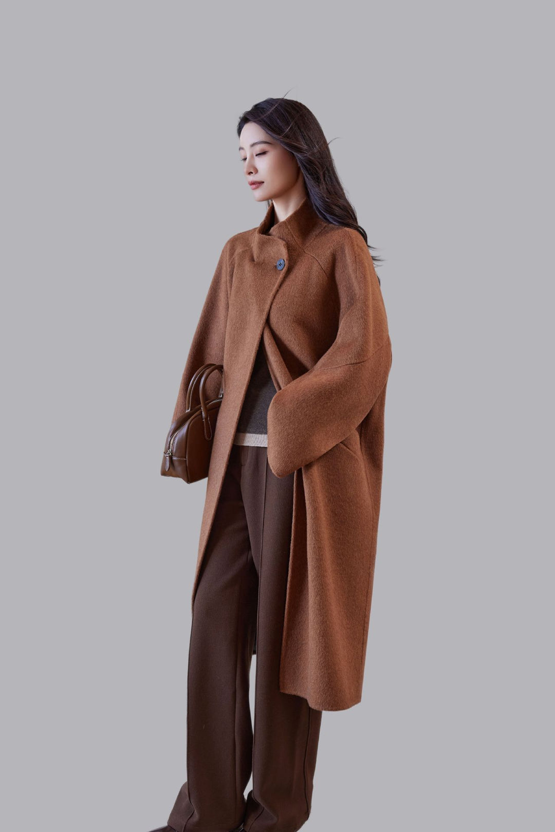 Women's Oversized Wool Coat with Stand Collar and Single-Button Closure Mune Fashion