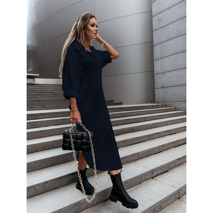 Women's Long Oversized Shirt Dress with Continuous Button Placket, Cuffed Sleeves and Deep Side Slit Mune Fashion