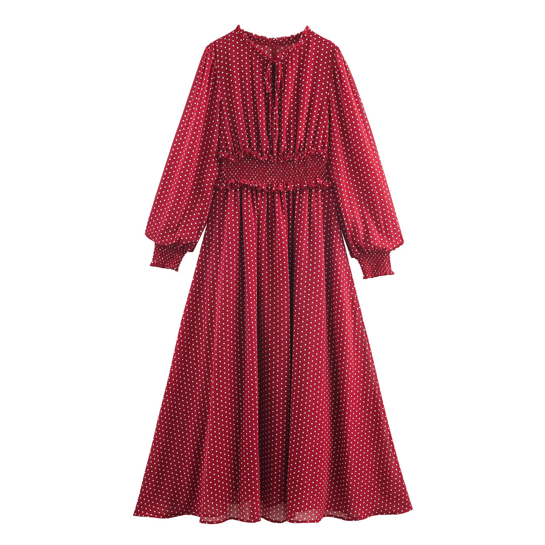 Women's midi dress with smocked waist belt, ruffle collar and balloon sleeves Mune Fashion