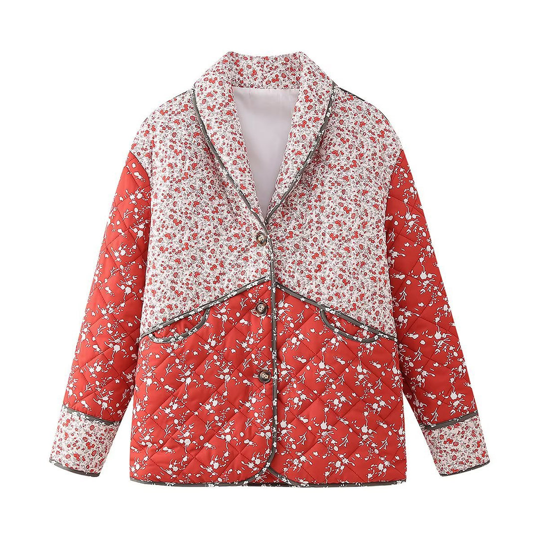 Women's quilted patchprint transitional jacket with shawl collar, decorative piping, and patch pockets Mune Fashion