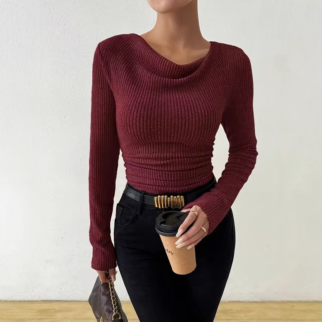 Women Ribbed Tailored Fine Knit Sweater with Gathering Mune Fashion
