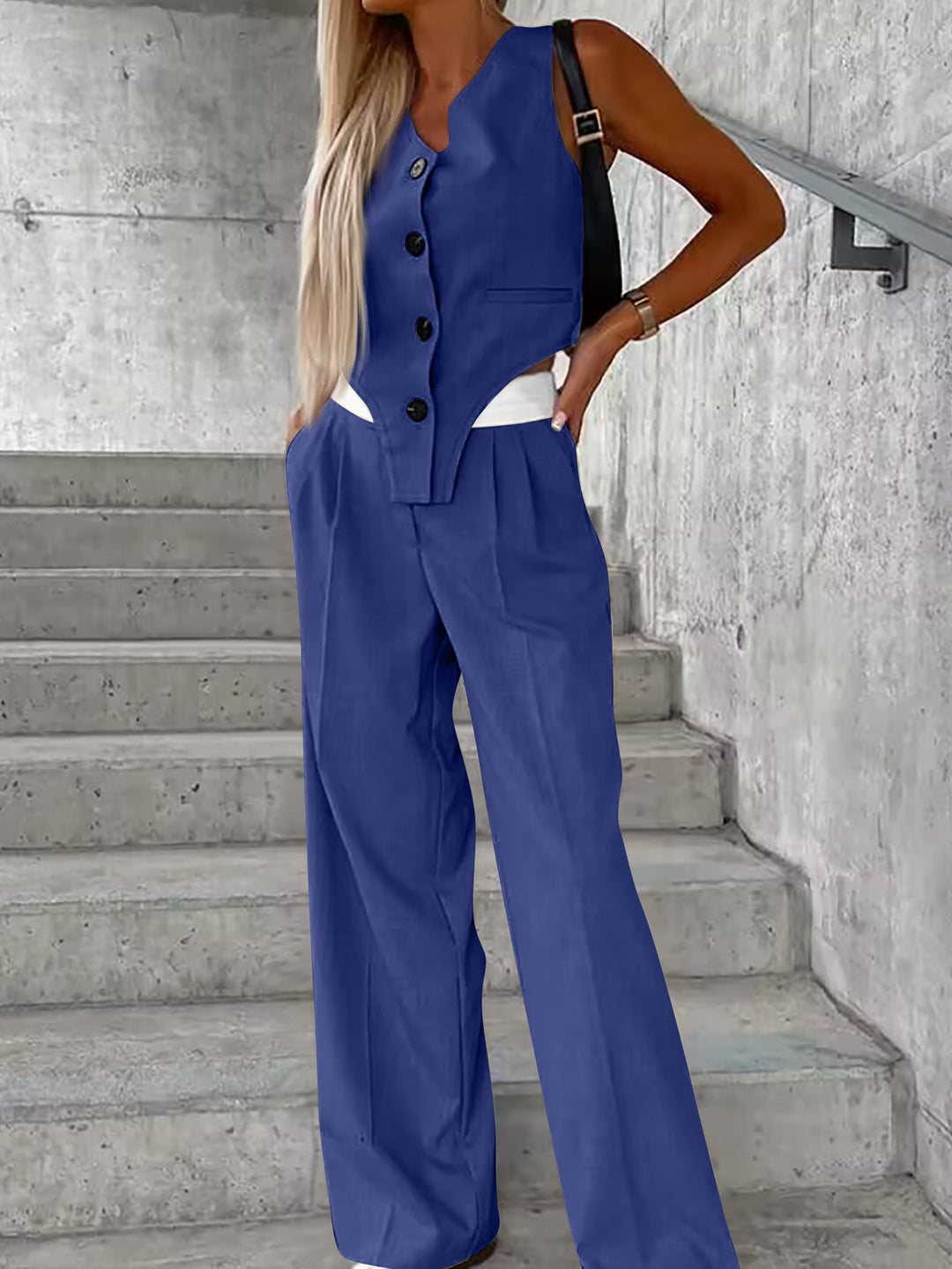Women Asymmetrical Gilet and Palazzo Pants Set with Pleats and Side Pockets Mune Fashion