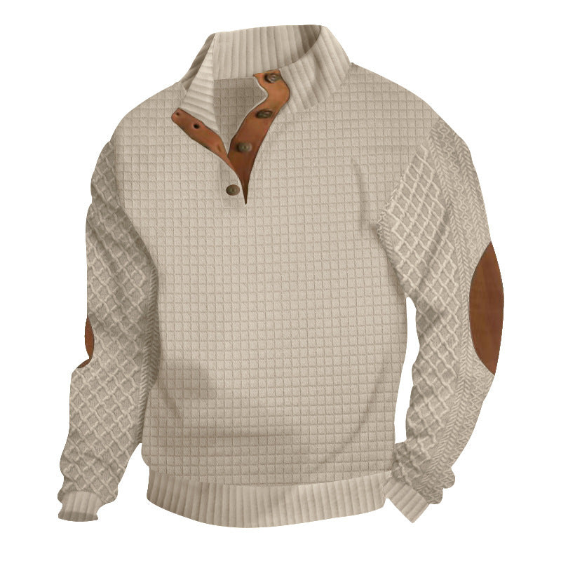 Men's waffle knit half-zip sweater with stand-up collar, leather accents, and elbow patches Mune Fashion