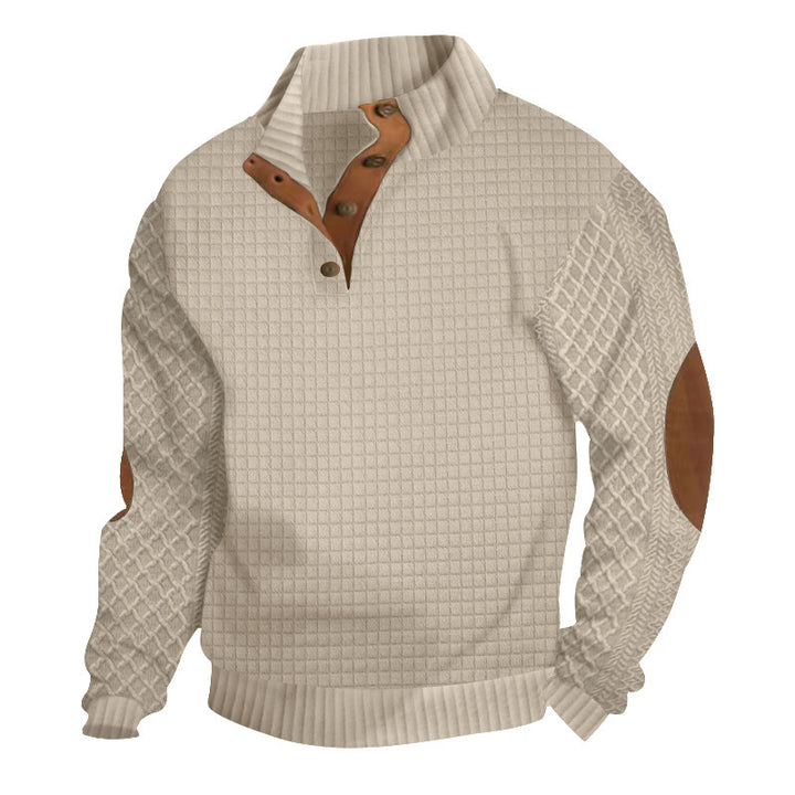 Men's waffle knit half-zip sweater with stand-up collar, leather accents, and elbow patches Mune Fashion