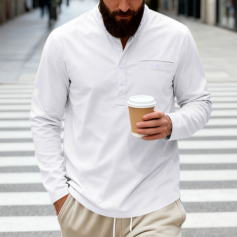 Men's long-sleeved Henley shirt with stand-up collar, breast pocket, and decorative button placket Mune Fashion