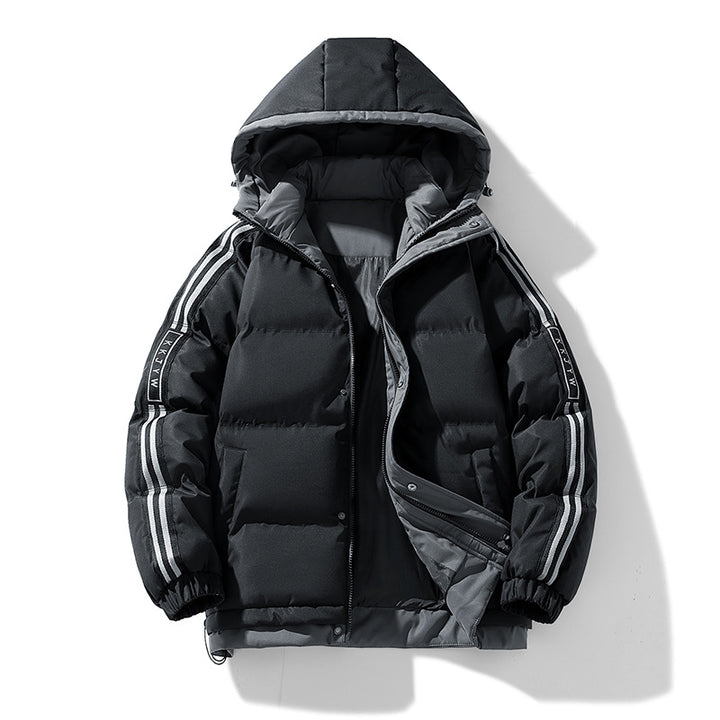 Men's sporty quilted hooded jacket with two-way zip, drawstring, and reflective shoulder stripes Mune Fashion